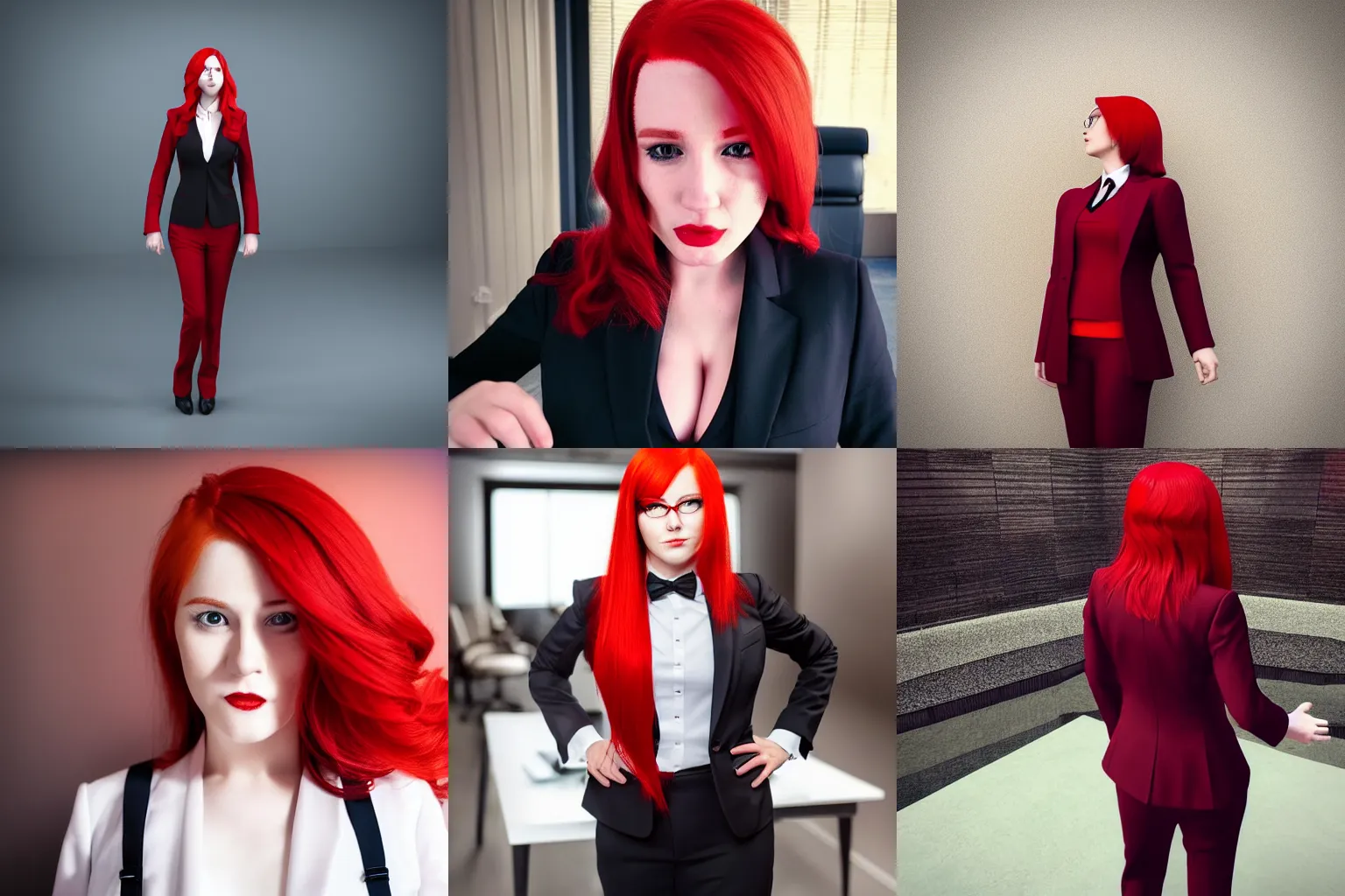 Prompt: photo of a woman with red hair wearing a formal slightly open formal business suit, trending on instagram, full body, ultra - hd, hcl, 1 2 - bit, ar, volumetric lighting, opaque, optics, lumen reflections, vfx, insanely detailed and intricate, super detailed