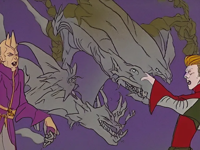 Image similar to David Bowie faces dragonlord gristletooth, still from David Bowie and the dragon lords, animated feature, in the style of don bluth, 1981, blu ray transfer, 8k