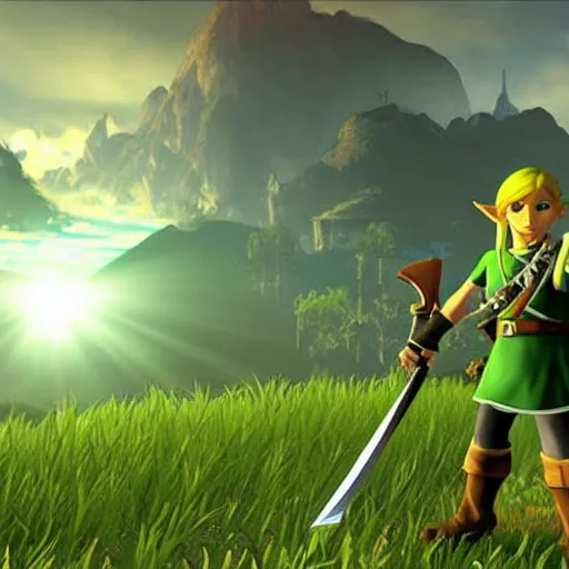 Image similar to the legend of zelda master sword, realistic, epic lighting, 8 k, photorealistic, beautiful surroundings