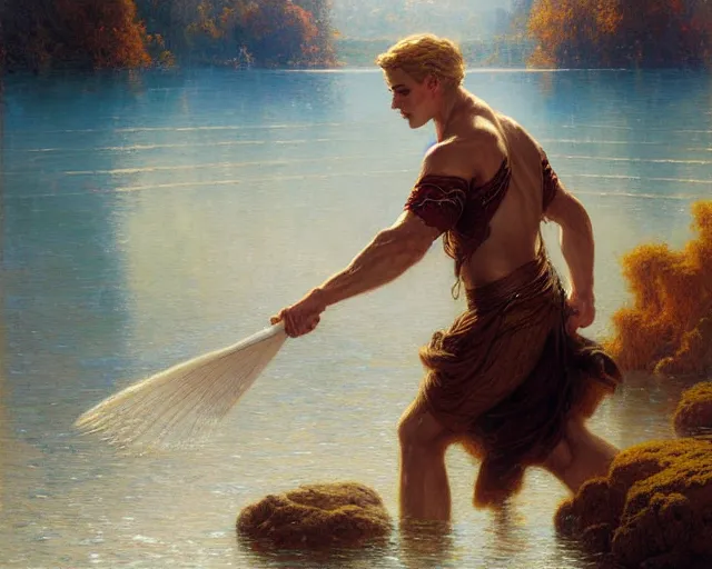 Image similar to attractive male wizard casting powerful wave water spell in a beautiful lake. highly detailed painting by gaston bussiere, craig mullins, j. c. leyendecker 8 k