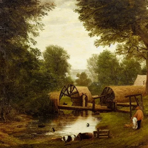 Image similar to Hay Wain, rural scene of a waterwheel on the Herper River. Oil on canvas, 1821, by Lewis Fowler