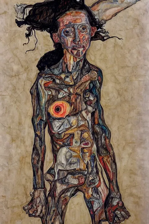 Image similar to a full body character with multiple lifted arms in style of egon schiele and herakut, masterpiece, hyperdetailed, complex, intricate, veiled, 4 k, dynamic!!