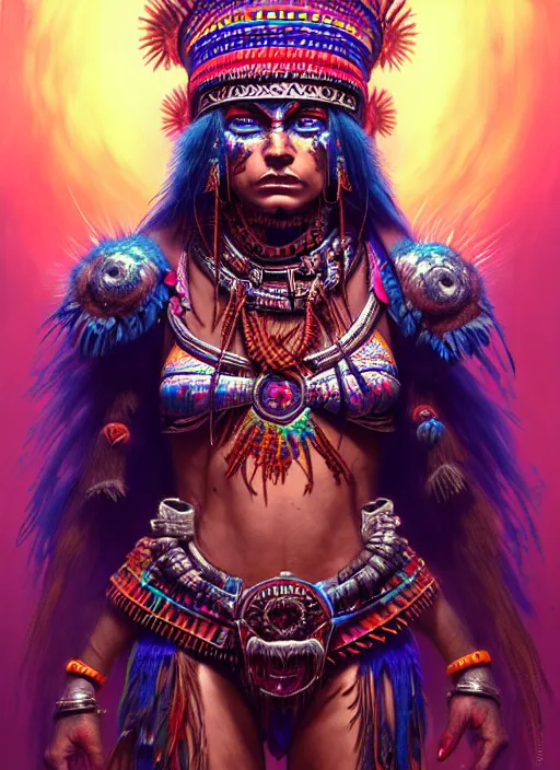 Prompt: hyper detailed ultra sharp aztec shaman warrior trance girl. trending on artstation, warpaint aesthetic, bloodwave, colorful, psychedelic, ornate, intricate, digital painting, concept art, smooth, sharp focus, illustration, art by artgerm and greg rutkowski and h. r. giger, 8 k