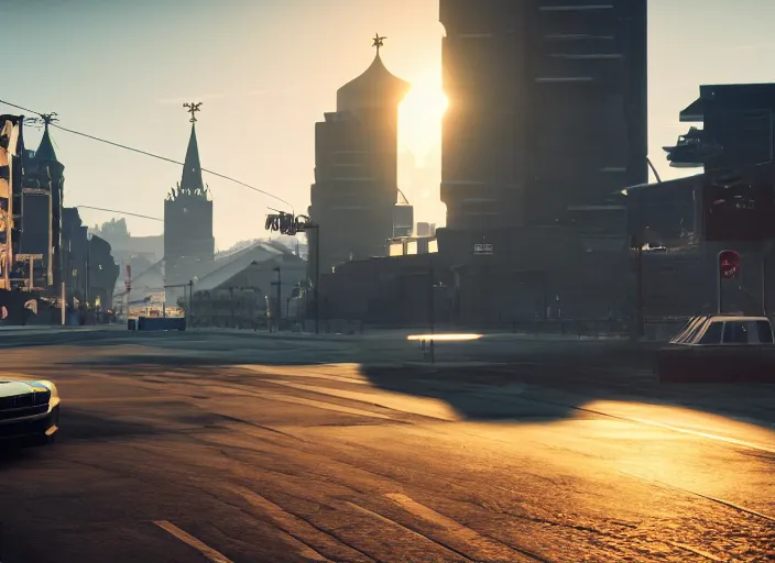 Image similar to gta in moscow, playstation 5 screenshot, adidas hero, symmetrical, mega details, golden hour, fog, beautiful rtx reflections, brutalism buildings, photorealistic, unreal engine 5, octane render, volumetric light, cg society, 4 k, bokeh, artstation