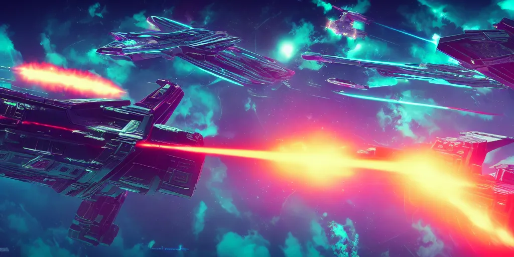 Prompt: synthwave spaceship battle in space, firing green lasers and destroying another ship, science fiction digital art, award winning, trending on artstation, digital art. highly detailed 8 k. intricate. lifelike.