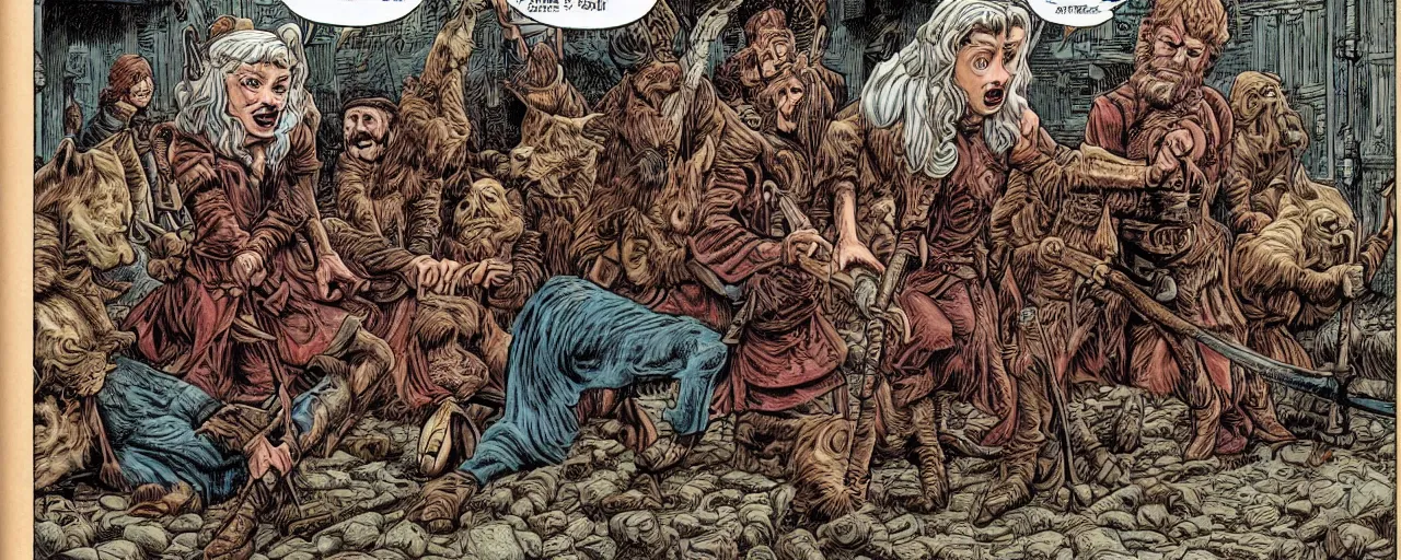 Prompt: game of thrones, color comic by r crumb, hyperrealism