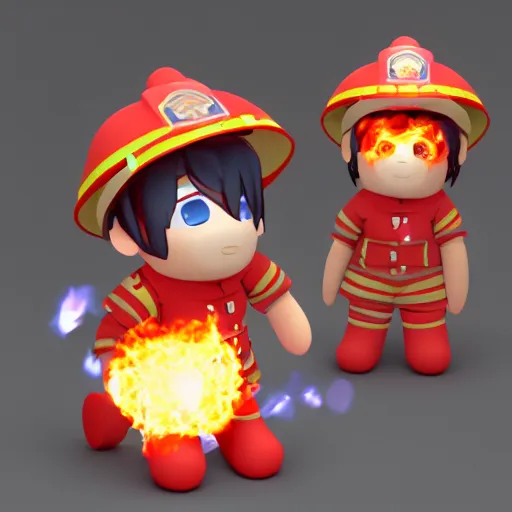 Image similar to cute fumo plush of a boy in a fireman uniform who casts fireballs, outline glow, lens flare, vray