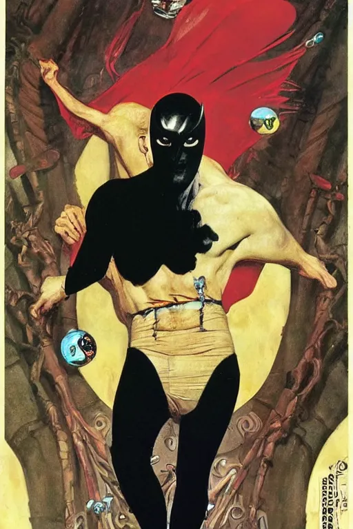 Image similar to full length portrait of groovy super villain diabolik, 1 9 6 2, by lawrence alma tadema, rick berry, norman rockwell, jason fabok. greg staples, nc wyeth, jack kirby, tom lovell