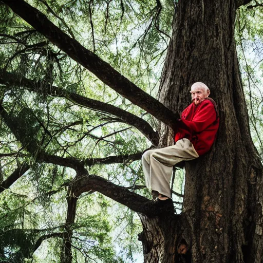 Image similar to an elderly man stuck in a tree, canon eos r 3, f / 1. 4, iso 2 0 0, 1 / 1 6 0 s, 8 k, raw, unedited, symmetrical balance, in - frame