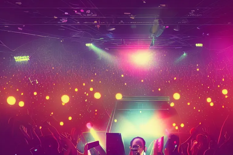 Image similar to beautiful digital art of a dj on stage spinning records with headphones looking over crowd dancing at a club by greg rutkowski and sandra chevrier, silhouette, volumetric lighting, haze, moving heads light beams, spot lights, disco ball, trending on artstation, 4k, unreal engine, intricate, ornate