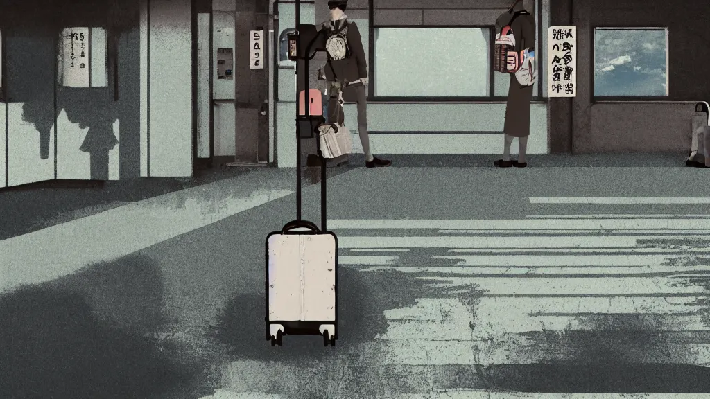 Image similar to an explorer's luggage on the train platform, rural japan, a collage painting, in the style of wes anderson, lola dupre, david hockney, isolated on negative white space background dark monochrome neon spraypaint accents volumetric octane render