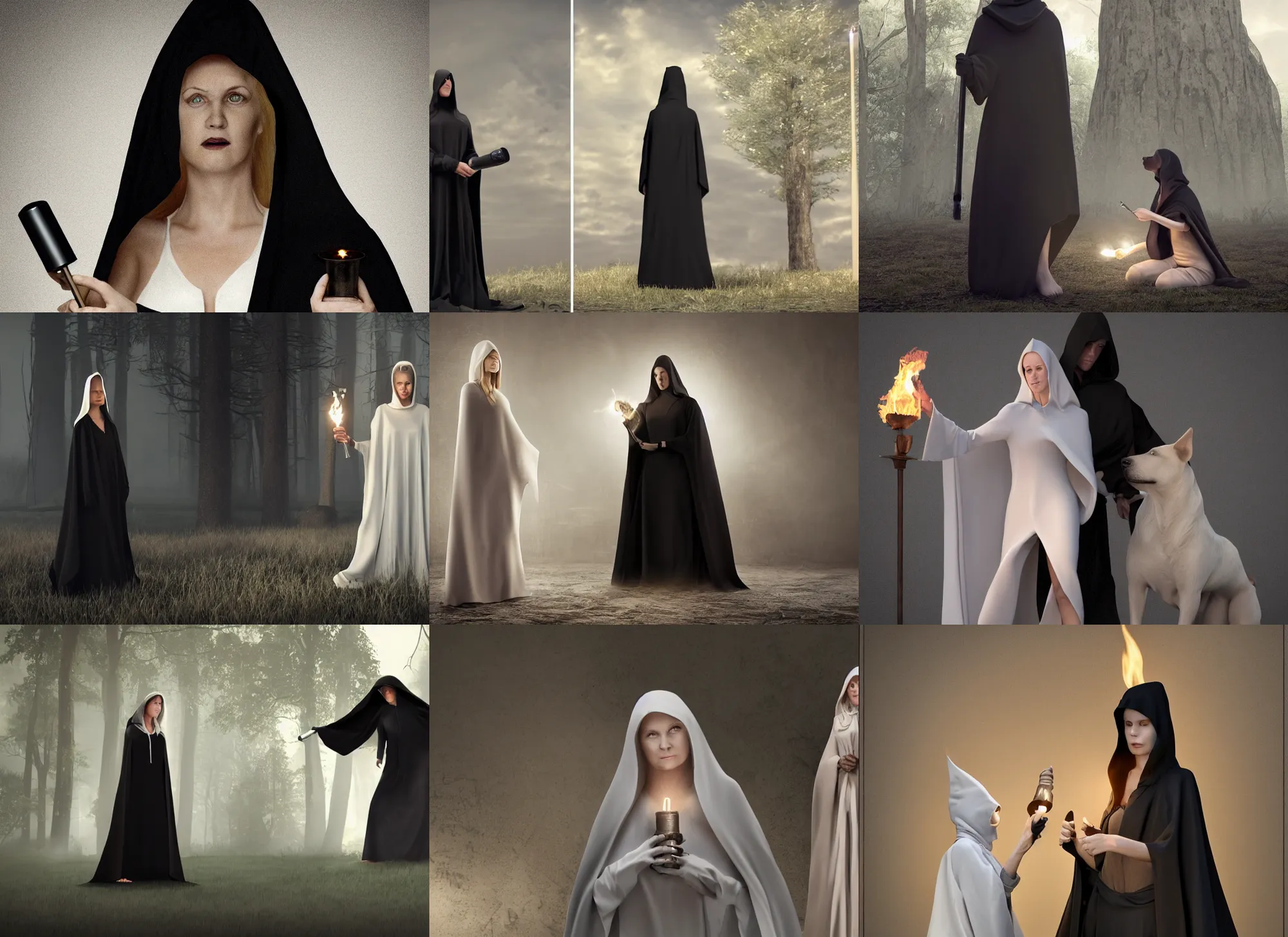 Prompt: The woman is dressed in a long, toe-length dress made of dark fabric and a white hooded cape. She holds a torch in her right hand, a book in her left. Next to her is a big dog. The woman looks like she just woke up. She raises her head and looks at us. She has blonde hair and very pale skin, octane render, cinematic, hyper realism, 8k, depth of field, highly detailed