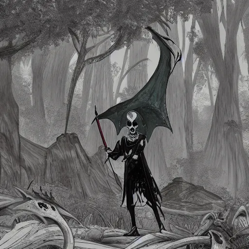 Image similar to concept art painting of an anthropomorphic dragon king with black robes, a long neck, and skull mask, in a deep forest, cel shaded, in the style of makoto shinkai and james gurney and studio ghibli and moebius