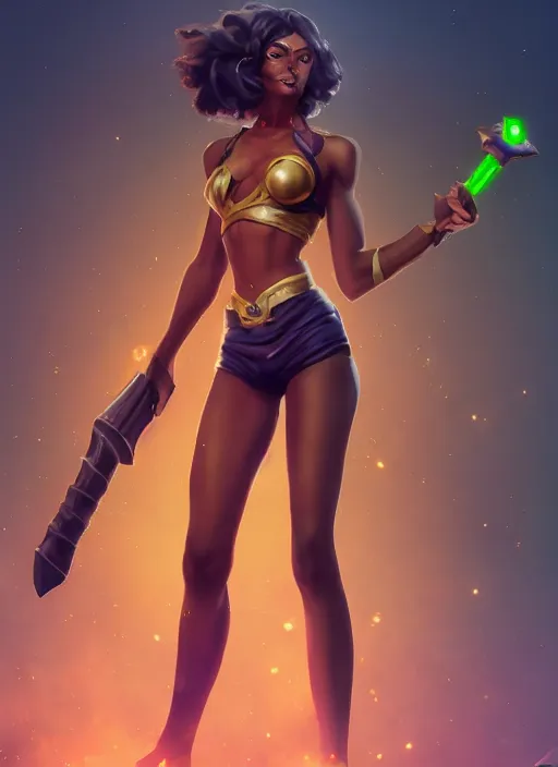 Prompt: senna from league of legends, au naturel, holding a giant weapon, brown skin, with abs, glowing green neon eyes, digital art, trending in artstation, cinematic lighting, studio quality, smooth render, unreal engine 5 rendered, octane rendered, art style by klimt and nixeu and ian sprigger and wlop and krenz cushart