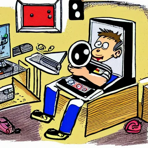 Prompt: illustration of a boy playing xbox by quino