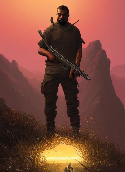 Image similar to highly detailed portrait kanye west holding rifle in gta v stephen bliss unreal engine fantasy art by greg rutkowski loish rhads ferdinand knab makoto shinkai lois van baarle ilya kuvshinov rossdraws tom bagshaw global illumination radiant light detailed intricate environment