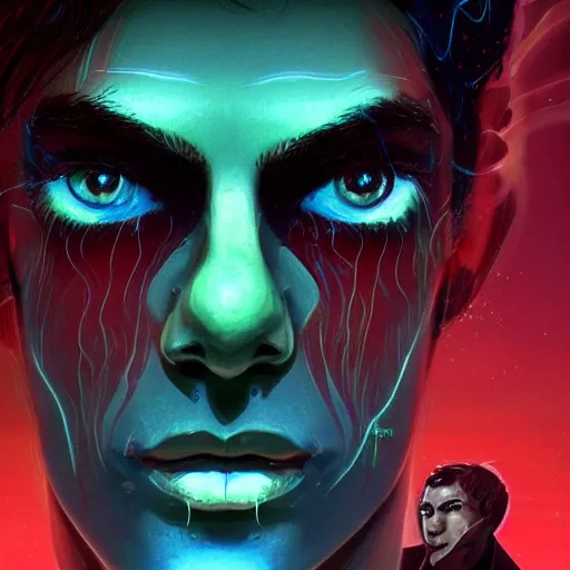 Prompt: portrait of a skinny dark haired young man with a scar across his left eye wearing a red suit as an epic idea, high detail, concept art, neon color, vivid color, floating particles, glowing green eyes, spiral smoke, background by john harris + roger dean, artwork by charlie bowater + artgerm + anato finnstark