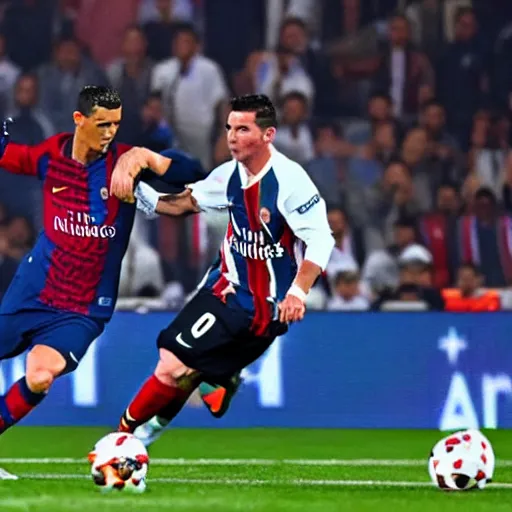 Prompt: cristiano ronaldo with messi in psg, very realistic, ultra detailed, cinematic