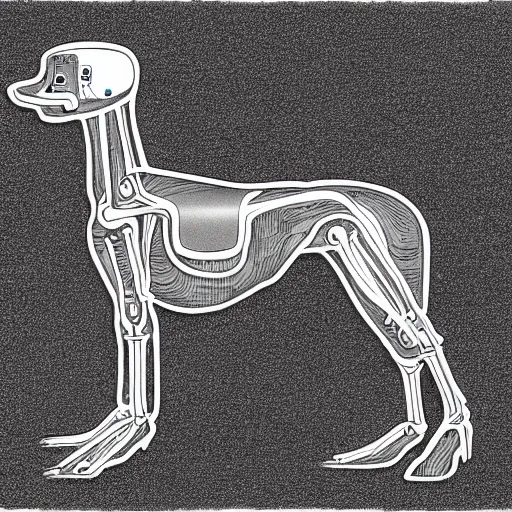 Prompt: anatomical drawing of a dog robot, with organs labeled