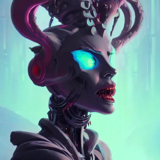 Image similar to a portrait of a beautiful demonic cybernetic queen of hell, cyberpunk concept art by pete mohrbacher and wlop and artgerm and josan gonzales, digital art, highly detailed, intricate, sci-fi, sharp focus, Trending on Artstation HQ, deviantart, unreal engine 5, 4K UHD image