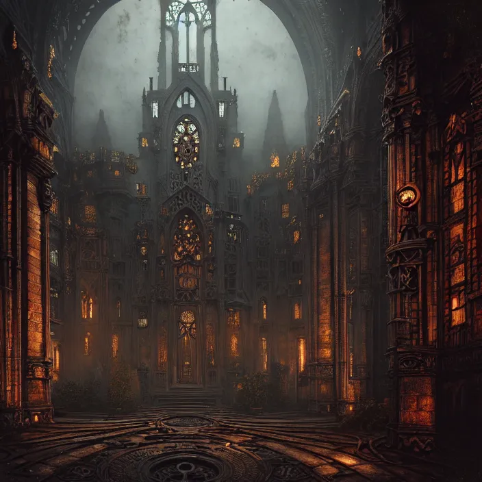 Image similar to steam necropolis, memento mori, gothic, neo - gothic, art nouveau, hyperdetailed copper patina medieval icon, stefan morrell, philippe druillet, ralph mcquarrie, concept art, steampunk, unreal engine, detailed intricate environment, octane render, moody atmospherics, volumetric lighting, ultrasharp, ominous, otherworldly