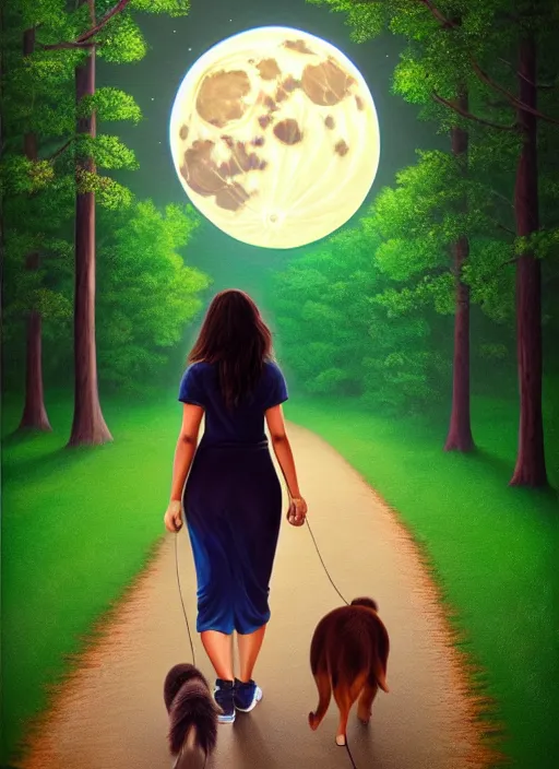 Prompt: young beautiful brown woman walking with her dog in a park at night with a full moon, illustration, photoreal, fantasy, trending. masterpiece work of art . oil on canvas. Digitally painted. Realistic. 3D. 8k. UHD.