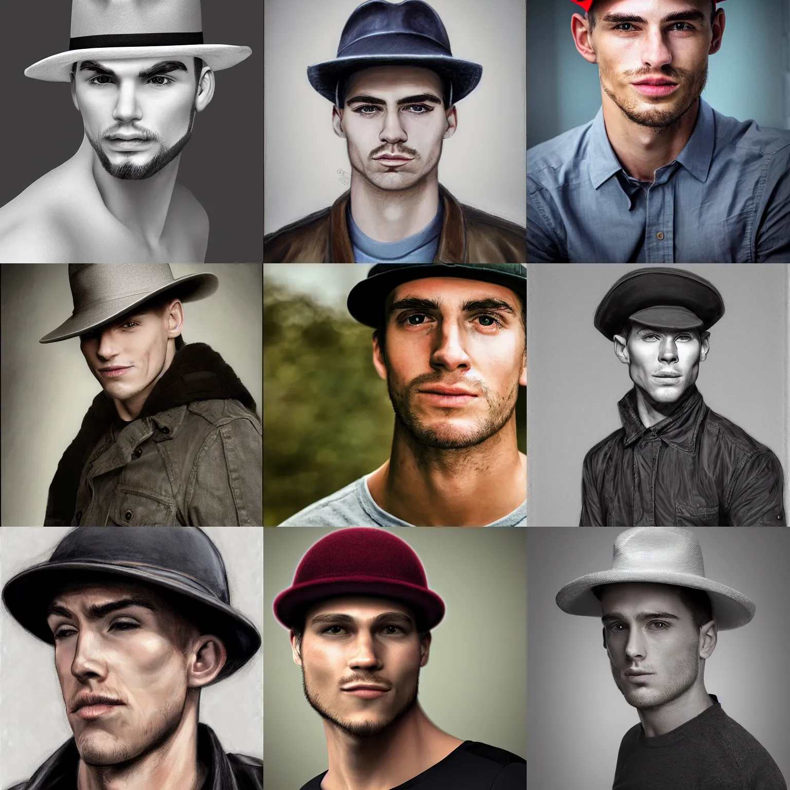 Prompt: hyperrealistic photorealistic portrait young man ethan hawk strong jawline hat smirk