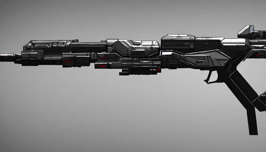 Prompt: extremely detailed realistic side view of a sci fi bullpup laser rifle, detailed pistol trigger, chemically propelled, massive battery, smooth streamline, battery and wires, railgun, chemrail, gauss, elegant sleek smooth body, white paint, sleek utopian design, ultra high quality, minimalist, octane, cod, destiny, warframe, terminator