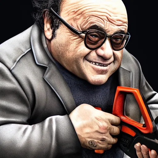 Image similar to hyperrealistic mixed media image of danny devito holding a chainsaw in gta v, stunning 3 d render inspired art by xiang duan and thomas eakes and greg rutkowski, perfect facial symmetry, hyper realistic texture, realistic, highly detailed attributes and atmosphere, dim volumetric cinematic lighting, 8 k octane detailed render, post - processing, masterpiece,