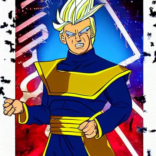 Image similar to donal trump being a super saiyajin blue god