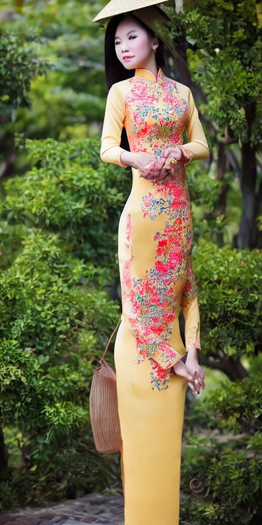 Image similar to beautiful vietnamese woman wearing vietnamese ao dai, intricate, detailed, symmetric face