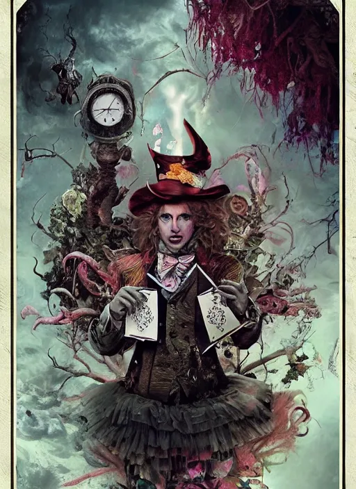 Image similar to alice in wonderland mad hatter death tarot card, highly detailed, cinematic, 8 k, by stanley artgermm, tom bagshaw, greg rutkowski, carne griffiths, ayami kojima, beksinski, giger, trending on deviantart, hyper detailed, horror, full of colour