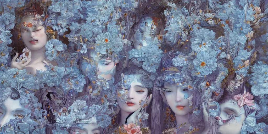 Image similar to breathtaking detailed concept art painting art deco pattern of faces goddesses amalmation light - blue flowers with anxious piercing eyes and blend of flowers and birds, by hsiao - ron cheng and john james audubon, bizarre compositions, exquisite detail, extremely moody lighting, 8 k