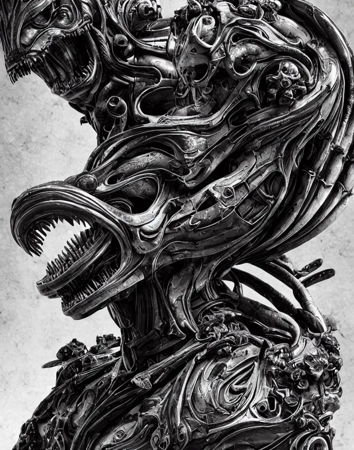 Image similar to engineer prometheus face by Artgerm, xenomorph alien, highly detailed, symmetrical long head, smooth marble surfaces, detailed ink illustration, raiden metal gear, cinematic smooth stone, deep aesthetic, concept art, post process, 4k, carved marble texture and silk cloth, latex skin, highly ornate intricate details, prometheus, evil, moody lighting, hr geiger, hayao miyazaki, indsutrial Steampunk