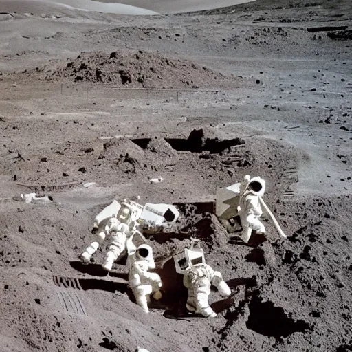 Image similar to full - color 1 9 7 2 photo of an ancient alien temple on the moon being excavated by archaeologists wearing space - suits at a dig - site. high - quality professional journalistic photography from time magazine.