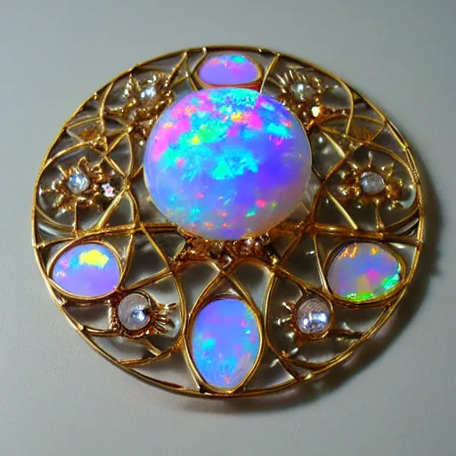 Image similar to opal crystal, orb, jewelry complex sacred geometry, artstation, 8k, magical, elegant, fantasy, highly detailed, art deco, relic, elegant, art noveau