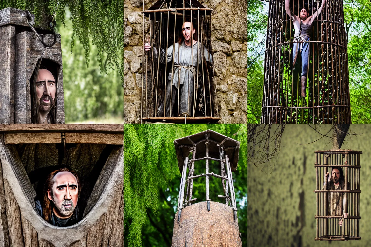 Prompt: Nicholas Cage imprisoned inside inside inside a medieval metal gibbet-cage (Willow movie), cage is hanging from an oak tree XF IQ4, f/1.4, ISO 200, 1/160s, 8K, RAW, unedited, symmetrical balance, in-frame