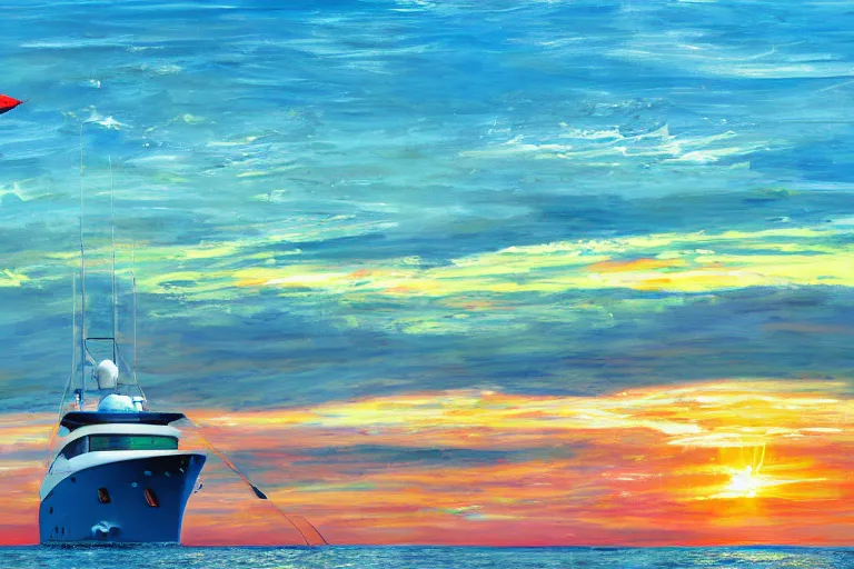 Image similar to A painting of a 60 foot Sport fishing yacht leaving out of the Galveston jetties at sunrise and headed offshore, inspired by Guy Harvey, digital art, insanely detailed