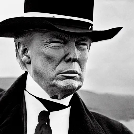 Image similar to an 1 8 0 0 s photo of donald trump playing the role of clint eastwood, squinting at high noon, in the style of a clint eastwood movie, the good, the bad and the ugly, clint eastwood, vibe, donald trump, glory days, mount rushmore, justice, american flag, independence, patriotism, apple pie, black and white, artgerm