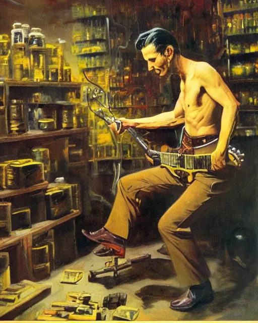 Image similar to Snake Oil salesman shredding on a Gibson Les Paul in a snake oil warehouse, painting by Frank Frazetta