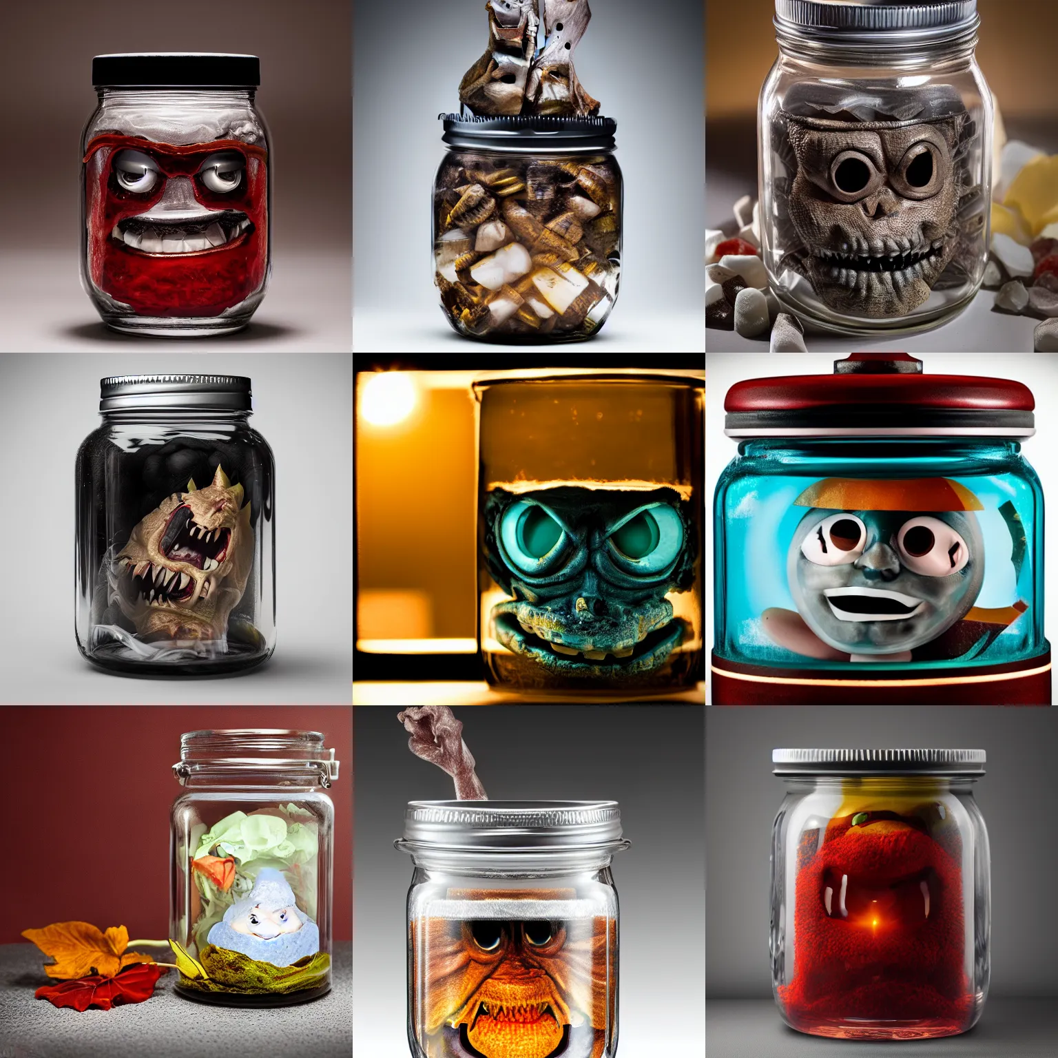 Image similar to An evil monster in a jar, by Mike Franchina, product photography, studio lightning