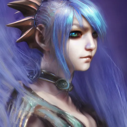 Prompt: portrait of hybrid dragon young girl, dragon skin, dragon ears, blue hair, long hair, highly detailed 3D render, 8k, rpg concept art character, jrpg character, manga, anime, video game character, concept art, by Yoshitaka Amano