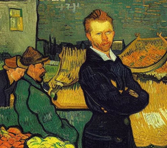 Image similar to portrait of tom odell as a market vendor by vincent van gogh