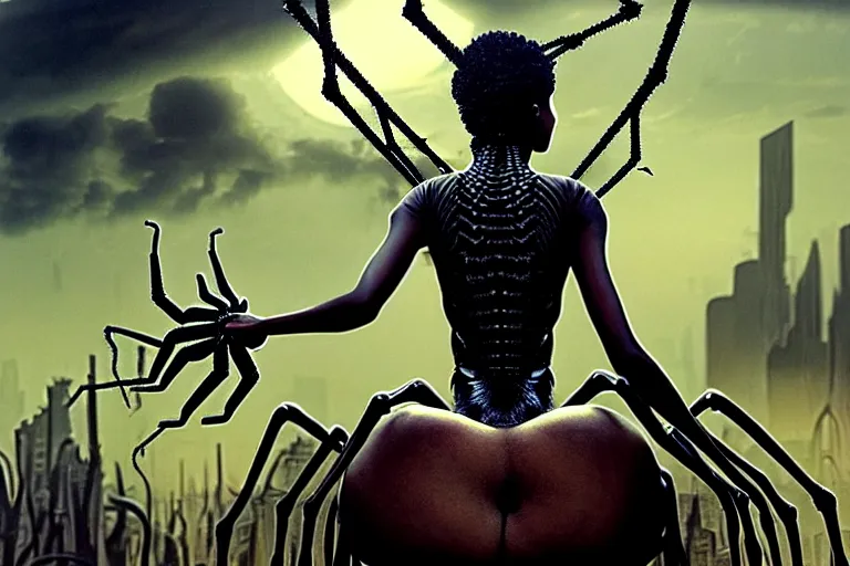 Image similar to realistic detailed closeup portrait movie shot of a beautiful black woman riding a giant spider, dystopian city landscape background by denis villeneuve, amano, yves tanguy, alphonse mucha, max ernst, ernst haeckel, edward robert hughes, roger dean, cyber necklace, rich moody colours, sci fi patterns, wide angle