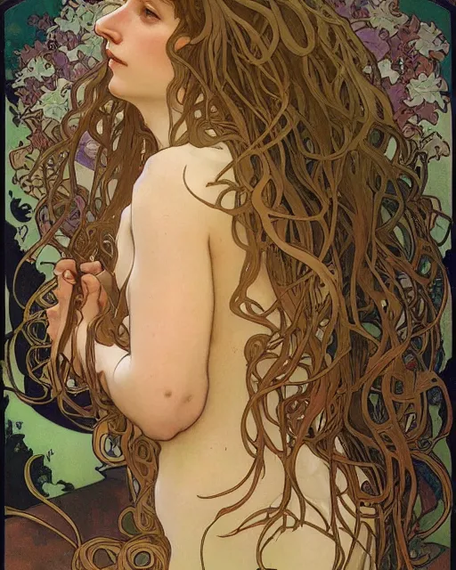 Image similar to side profile portrait of Medusa by Alphonse mucha, art nouveau, oil on canvas, wisps, snakes, foliage, lush, cinematic composition, cinematic concept art, volumetric lighting, high octane render, unreal engine, high detail, realism, hyper-real