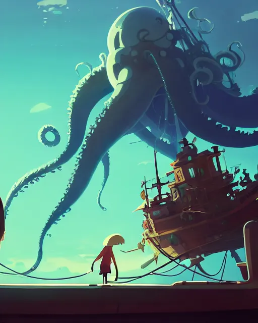 Image similar to a gigantic glowing kraken attacking a big pirate ship, deep water, cory loftis, james gilleard, atey ghailan, makoto shinkai, goro fujita, studio ghibli, rim light, exquisite lighting, clear focus, very coherent, plain background, soft painting