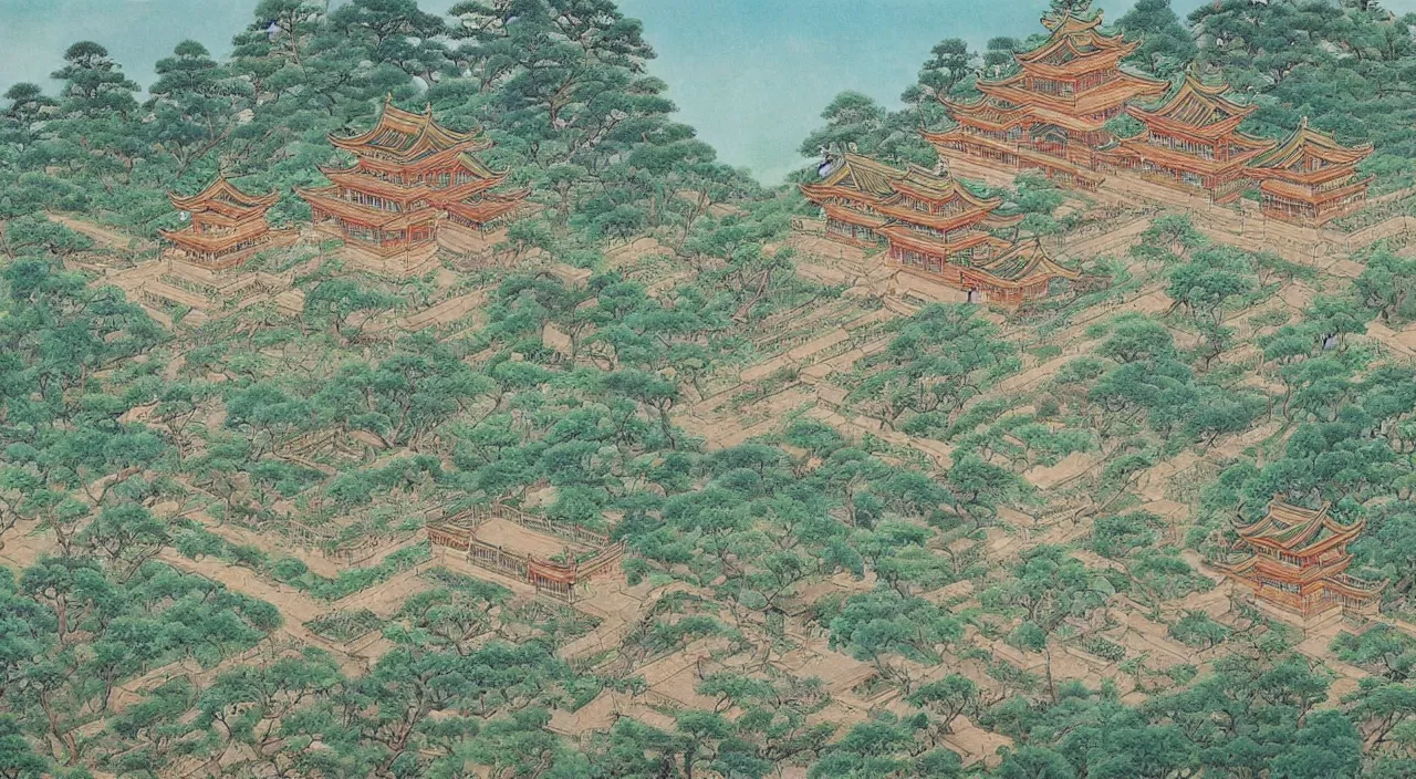 Image similar to a beautiful painting of a singular ancient Chinese palace, with a garden, by Studio Ghibli