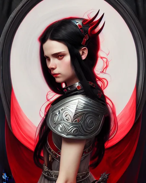 Prompt: Portrait of a nordic girl with black hair wearing a paladin armor with a red skirt and white top, face, fantasy, intricate, elegant, highly detailed, digital painting, artstation, concept art, smooth, sharp focus, illustration, art by Fernanda Suarez and Artem Demura and alphonse mucha