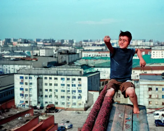 Image similar to lomo photo out of focus of roofjumpers climbing on roof of soviet hrushevka, small town, cinestill, bokeh, out of focus