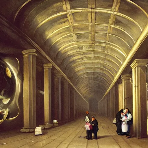 Image similar to underground tunnels inhabited by chubby white businessmen, mechanical computers, lights and switches, portal to the dreamworld, baroque oil painting